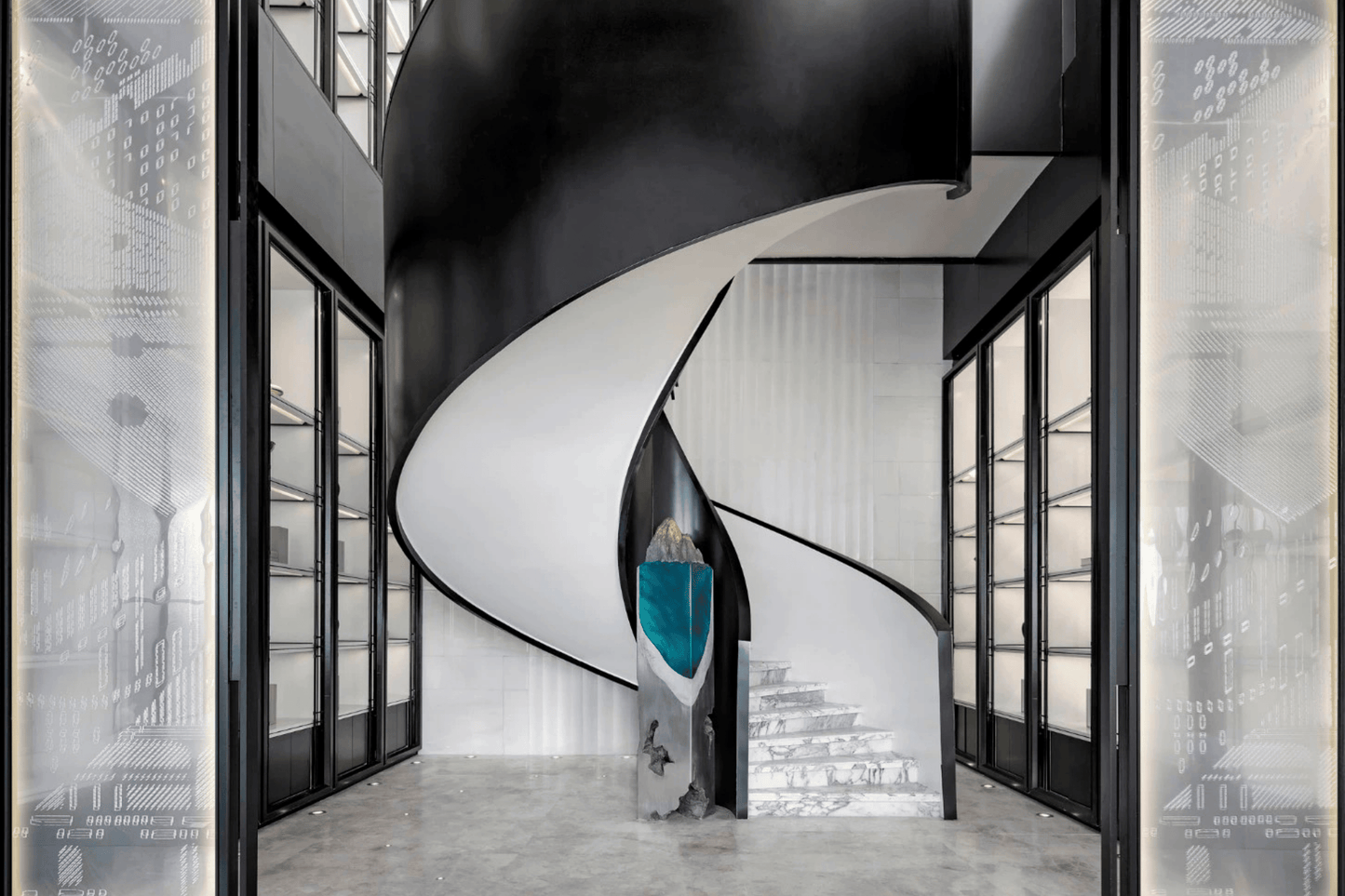 YHS Custom solid surface stone Spiral staircase black and white light luxury