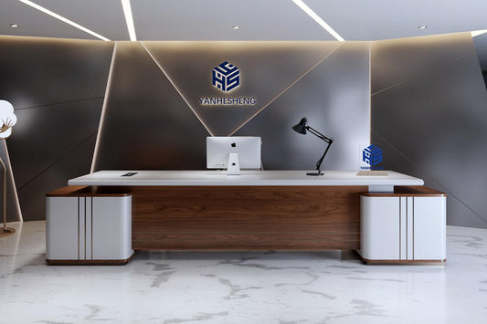 wood and white color solid surface stone executive desk 260cm modern design