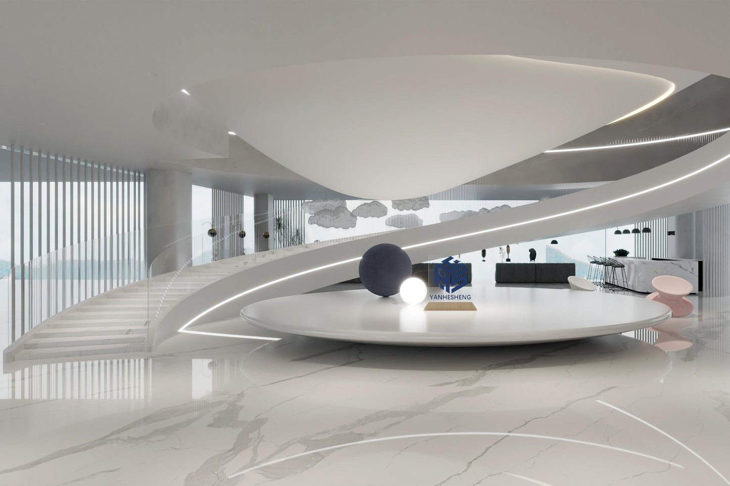 YHS Luxury spiral staircase white stone revolving